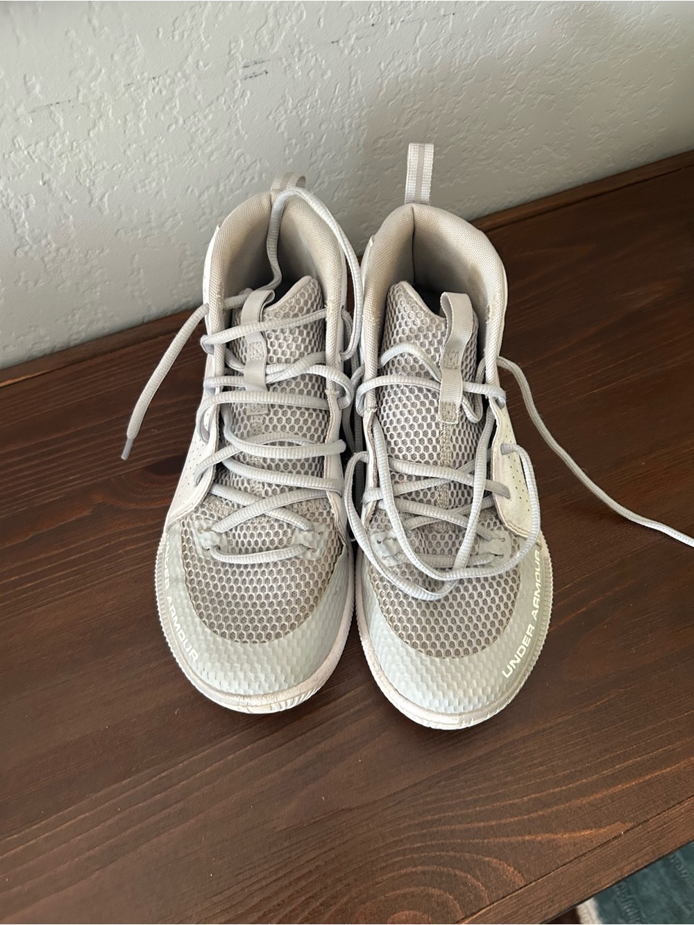 Under Armour Light Beige and Gray basketball shoes